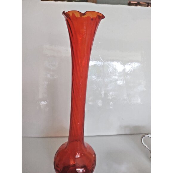 Vintage Murano Art Glass Long Stem Vase Orange Swirl 12" Tall - Picture 9 of 11